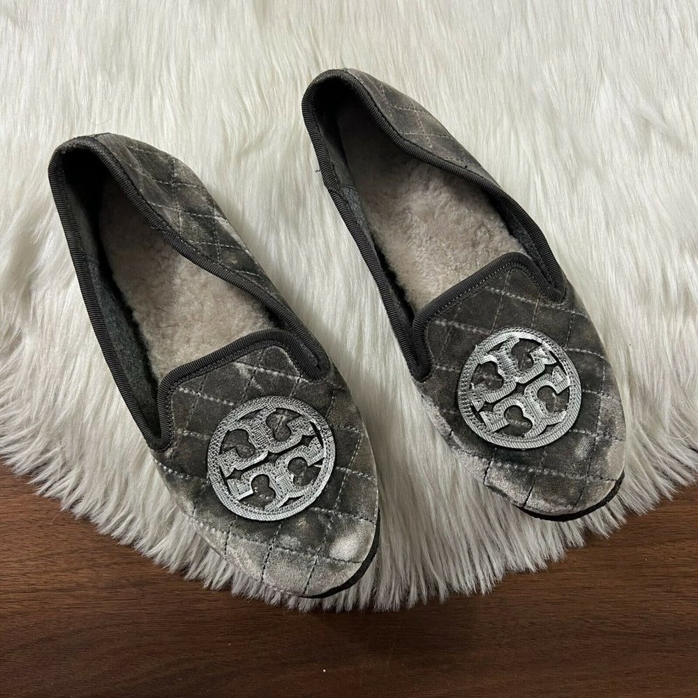 Tory Burch Women's‎ Size 5 Taupe Gray Velvet Billy Quilted Slippers Slip On Shoe